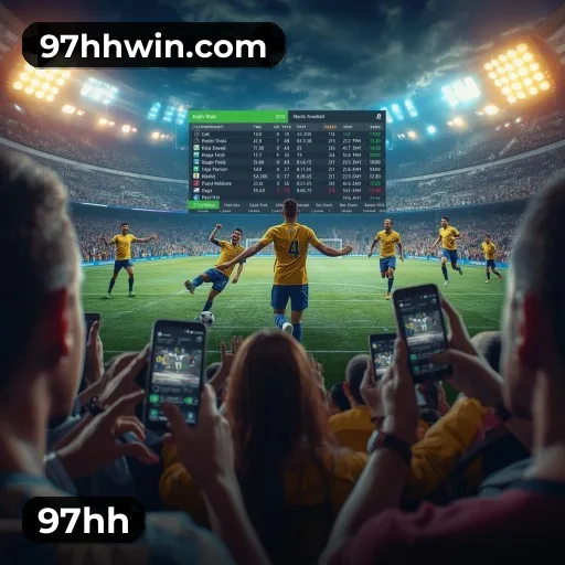 App 97hh para iOS e Android — interface mobile, login biométrico e PIX integrado